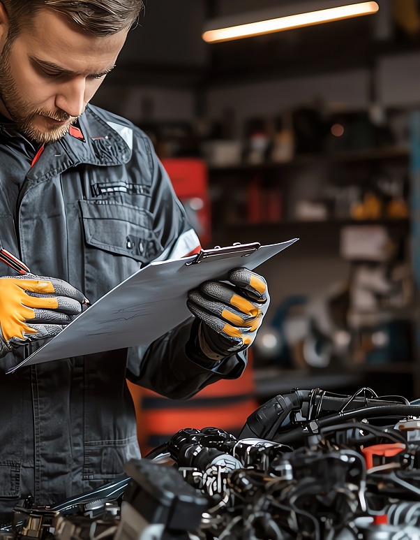 Mécanicien en gants vérifiant un moteur et prenant des notes sur un presse-papiers dans un garage automobile.