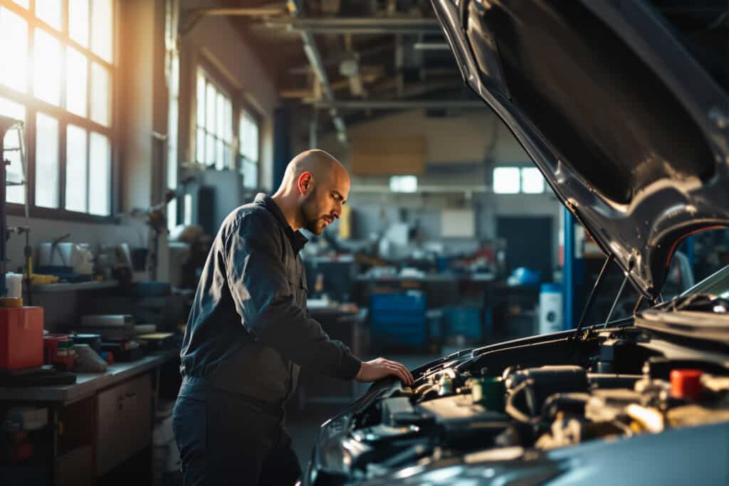 Mécanicien barbu examine le moteur ouvert d'une voiture dans un garage lumineux, concentré sur son travail.