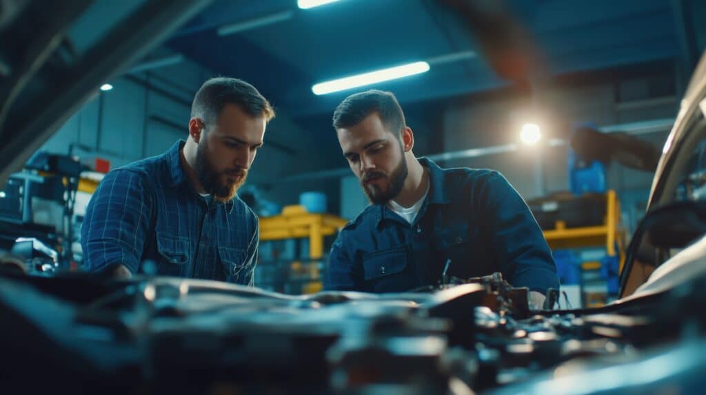 Deux mécaniciens se penchent sur un moteur de voiture, travaillant ensemble dans un garage automobile.