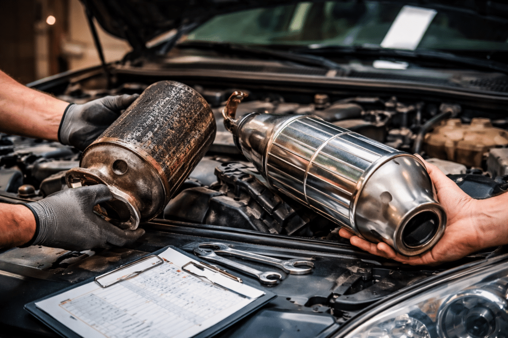 Comparaison entre un filtre à particules usagé encrassé et un neuf au-dessus d'un moteur de voiture ouvert.