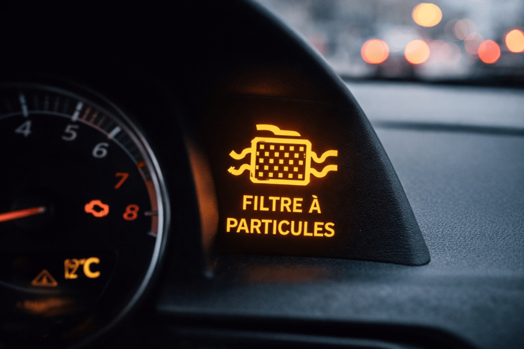 Témoin lumineux orange "FILTRE À PARTICULES" allumé sur le tableau de bord d'un véhicule diesel.