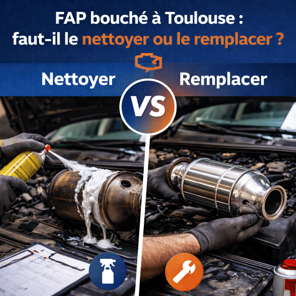 FAP bouché à Toulouse : comparaison visuelle entre nettoyage à la mousse et remplacement par un filtre à particules neuf.